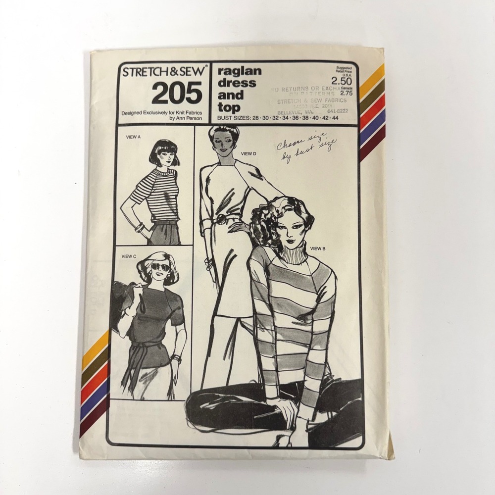 Stretch & Sew Pattern 205 Raglan Dress and Top Crew Neck Turtleneck Square Uncut